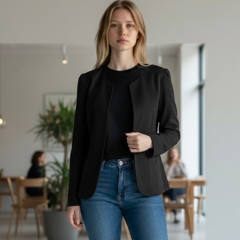 That's Me Blazer Women M Navy Blue Wool Blend Open Front Vintage Professional